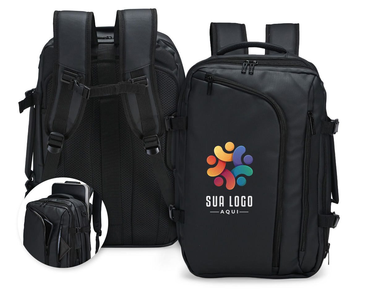 Mochila em nylon com camada de PU impermeável, com capacidade máxima de 28 litros, ideal para viagens, trabalho e uso diário. Possui compartimento interno com sistema de vedação a vácuo para armazenamento de roupas e objetos, além de duas divisórias em poliuretano termoplástico em tamanhos diferentes. Conta com bolsos frontais, bolso lateral em tela e bolso traseiro com divisória para notebook de até 15,6”. Dispõe ainda de alças acolchoadas em espuma respirável, alça lateral para transporte horizontal e alça de ombro ajustável em nylon. Um brinde corporativo moderno, versátil e de alto valor percebido.