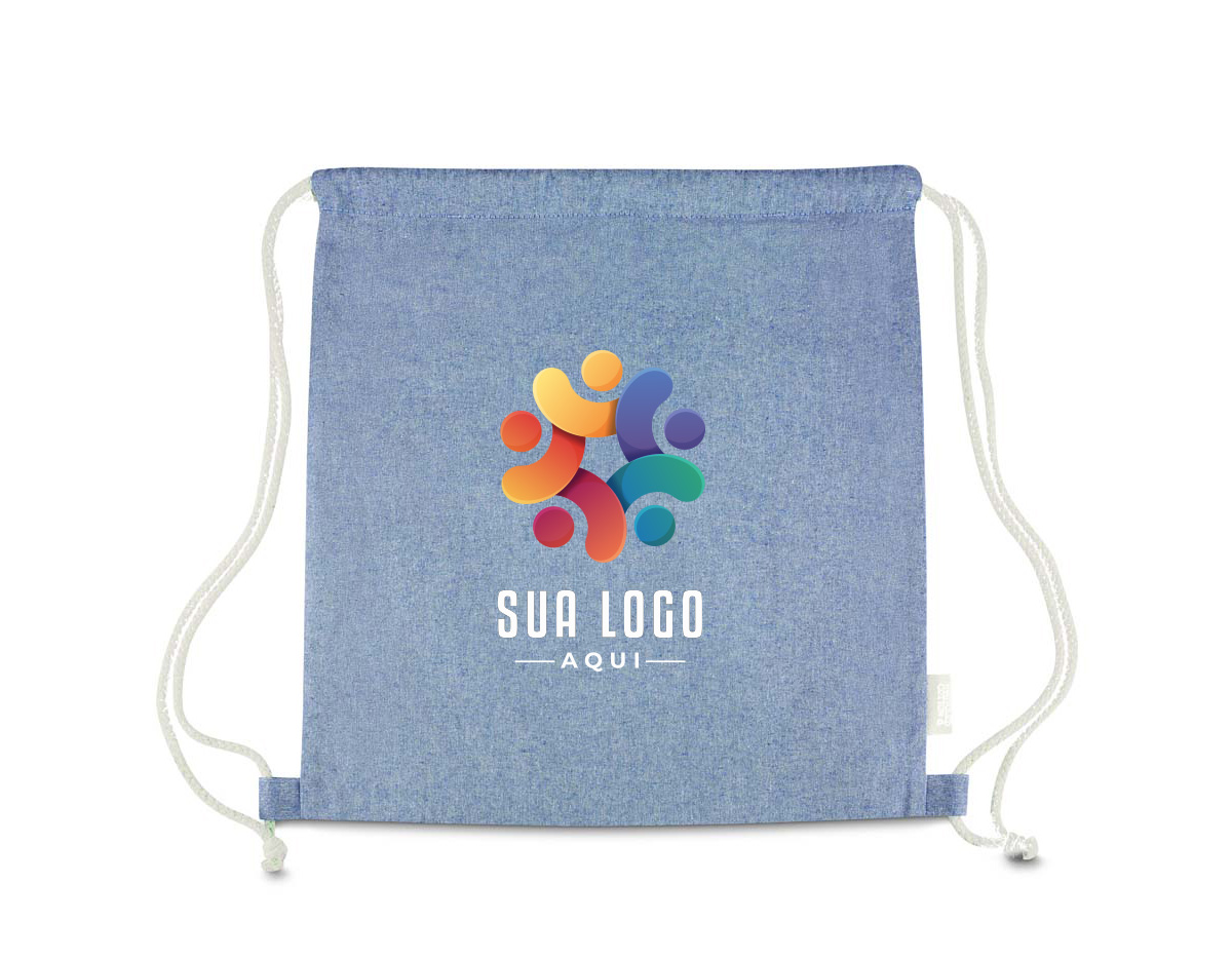 Sacola/mochila confeccionada em algodão mescla reciclado, gramatura 140g/m², com alças em algodão cru.
