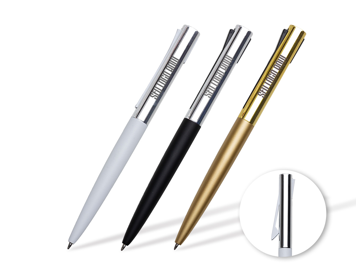 Caneta semimetálica com design moderno e elegante, ideal para uso diário. Possui carga esferográfica azul e acionamento prático no clipe, garantindo facilidade e agilidade na escrita. Um brinde corporativo funcional e sofisticado, perfeito para ações promocionais, eventos e fortalecimento da marca.