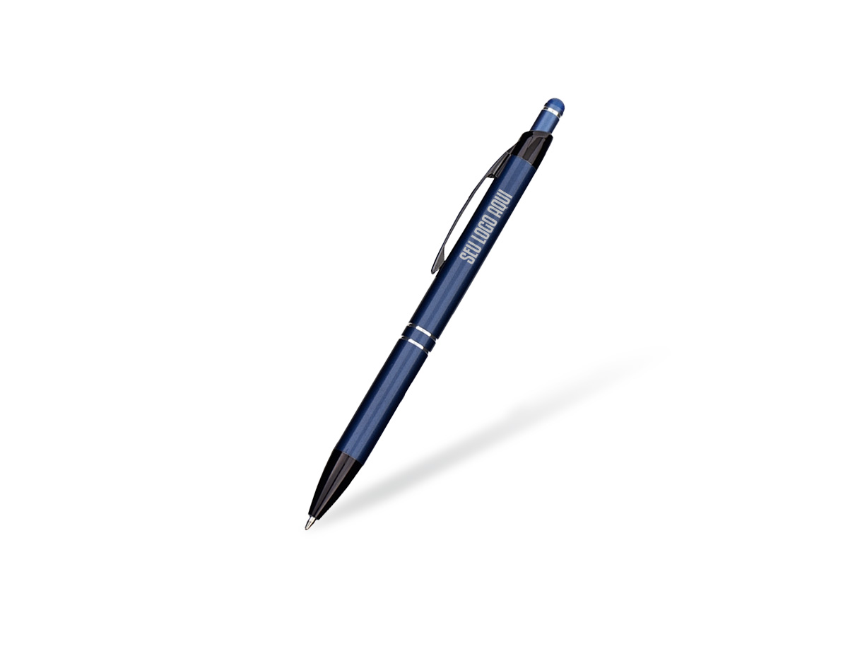 Caneta em metal com design moderno, possui clip e ponta em plástico, além de detalhe emborrachado no topo para interação com dispositivos de telas sensíveis ao toque. Conta com acionamento por clique e carga esferográfica azul de 1,0 mm, oferecendo escrita confortável e precisa. Ideal como brinde corporativo funcional e elegante.