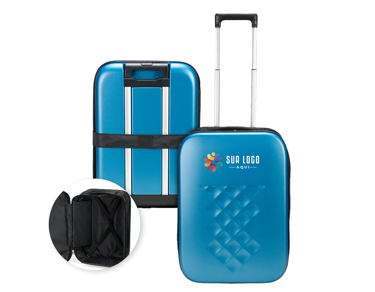 Mala de viagem expansível em ABS com bordas em poliéster que, ao ser expandida, comporta a capacidade máxima de 40 litros. Conta com forro interno em poliéster 210D, cinta compressora para roupas e placas rígidas em PVC que mantêm a armação da mala quando desdobrada. Dispõe ainda de duas rodinhas e alça retrátil em alumínio com puxador em plástico. Acompanha uma faixa em poliéster com seção elástica para envolver a mala dobrada.