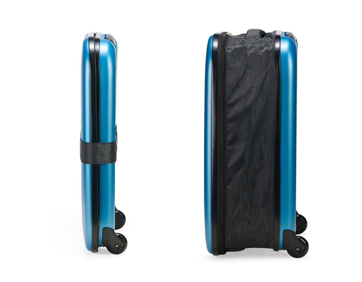 Mala de viagem expansível em ABS com bordas em poliéster que, ao ser expandida, comporta a capacidade máxima de 40 litros. Conta com forro interno em poliéster 210D, cinta compressora para roupas e placas rígidas em PVC que mantêm a armação da mala quando desdobrada. Dispõe ainda de duas rodinhas e alça retrátil em alumínio com puxador em plástico. Acompanha uma faixa em poliéster com seção elástica para envolver a mala dobrada.