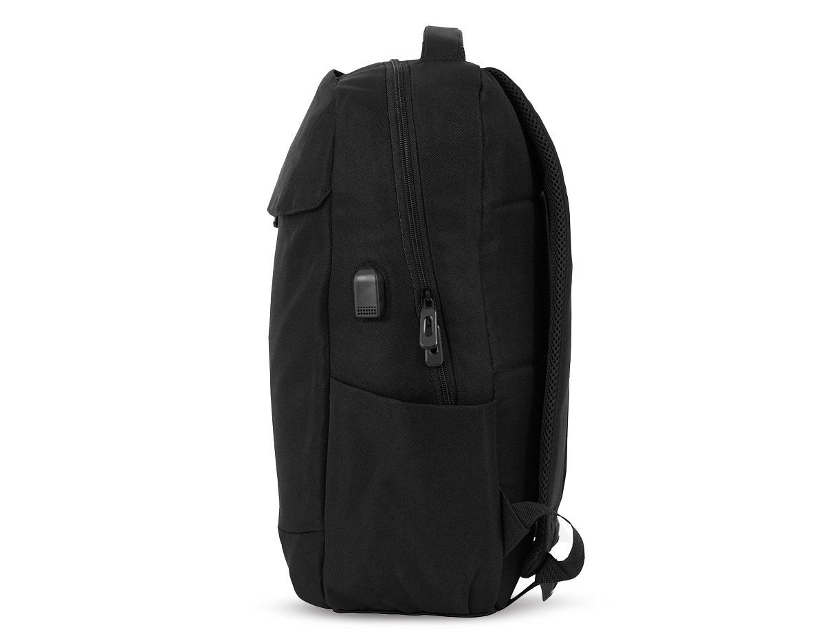 Mochila confeccionada em poliéster 200D impermeável com capacidade para até 20 litros e fechamento em zíper com puxadores plásticos. Dispõe de compartimento principal com divisória interna para notebooks de até 15,6 polegadas. Possui dois compartimentos frontais, sendo um menor, com fechamento em zíper, e outro maior, com bolsos internos e fechamento duplo em zíper vertical e velcro na parte superior. Conta ainda com dois bolsos laterais, adaptador USB externo e revestimento em espuma respirável nas alças de ombro e na alça superior de mão.