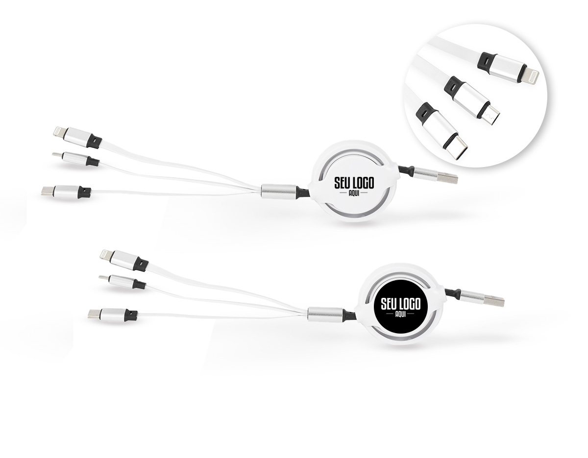 Cabo USB retrátil 3 em 1 com extensão máxima de 1m. Possui conectores USB-C, Micro USB e Lightning em uma extremidade e conector USB-A na outra. Observação: cabo destinado apenas à recarga; não realiza transferência de dados.