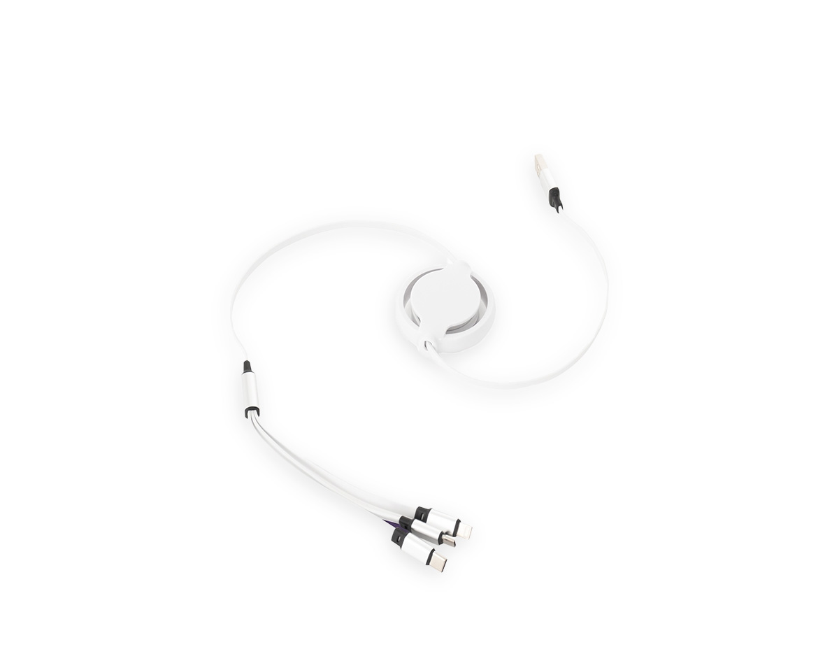 Cabo USB retrátil 3 em 1 com extensão máxima de 1m. Possui conectores USB-C, Micro USB e Lightning em uma extremidade e conector USB-A na outra. Observação: cabo destinado apenas à recarga; não realiza transferência de dados.