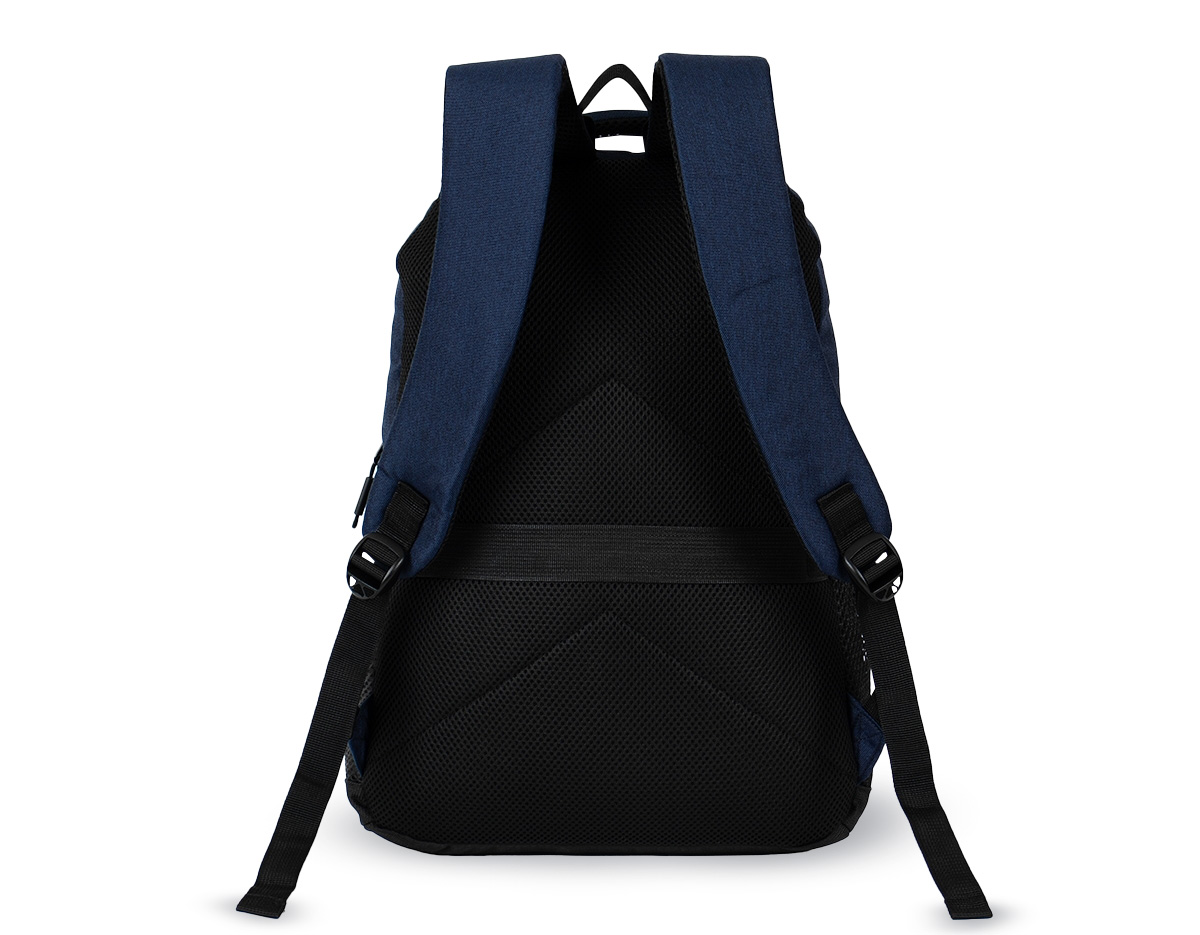 Mochila impermeável em Oxford com revestimento em PU, capacidade máxima de 23 litros e fechamento em zíper com puxadores em nylon e plástico. Possui compartimento principal com divisória para notebooks de até 17,3 polegadas. Conta com compartimento frontal e dois bolsos laterais em malha com elástico, alça para encaixe em malas de viagem e revestimento em espuma respirável nas costas, nas alças de ombro e na alça superior de mão.